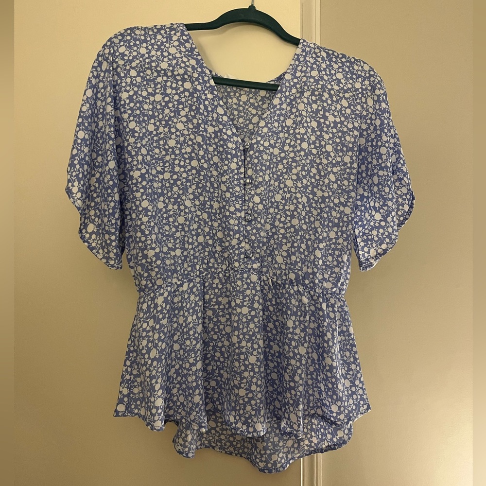 Medium blue and white button down blouse